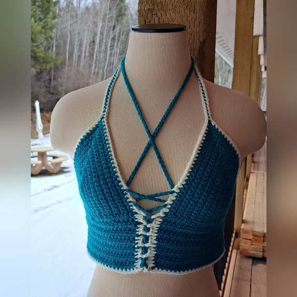 Tops - Teal and White Crochet Halter Top